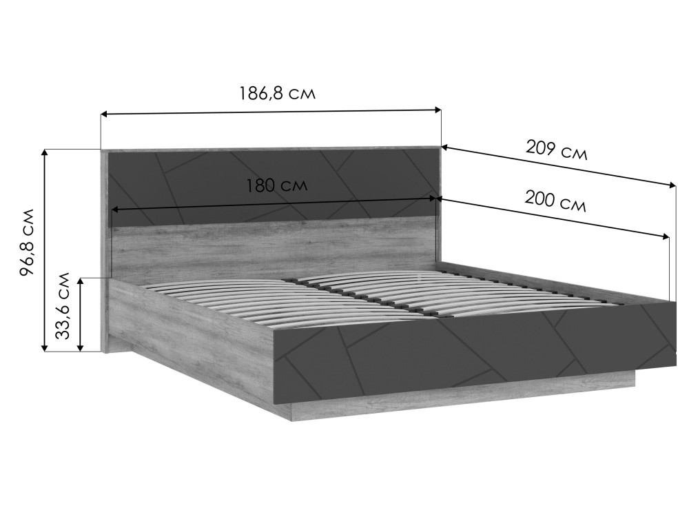 Кровать Диамо КР 02 180х200 софт графит / дуб каньон